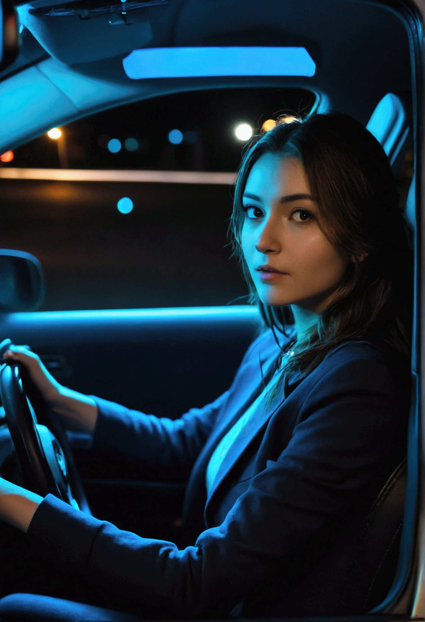 Girl driving a car at night, Blue light, Super detailed.
