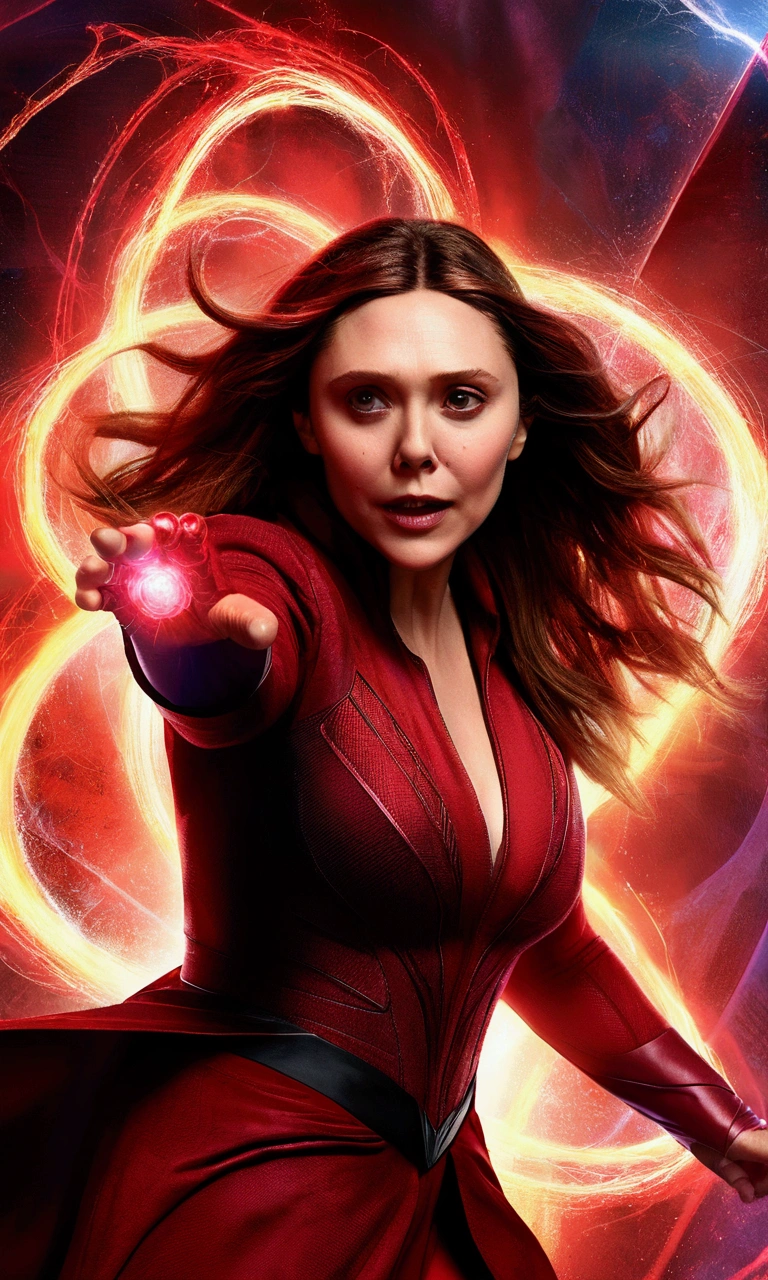 "Cinematic stop-frame of Elizabeth Olsen as the Marvel character Scarlet Witch, showcasing her dynamic pose and the power of her "chaos magic". The focal point is Scarlet Witch, her expression a mix of determination and intensity. Her hair and cape flow around her, emphasizing her dynamic movement. The background is a blur of motion and color, highlighting the chaos and energy of her powers. The lighting is dramatic and saturated, adding a sense of power and mystery to this thrilling depiction of Scarlet Witch's abilities."