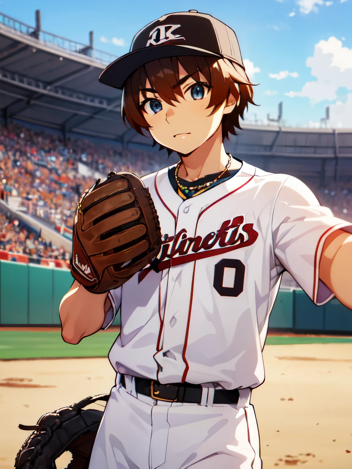 (Ultra-high resolution), (masterpiece), (Attention to detail), (high quality), (最high quality), One Man, (Keiichi_maebara), brown hair, blue eyes, Gold Necklace, Baseball hats, muscle, baseballplayer, Baseball Uniforms, Stadium, audience, blue sky, Baseball Glove