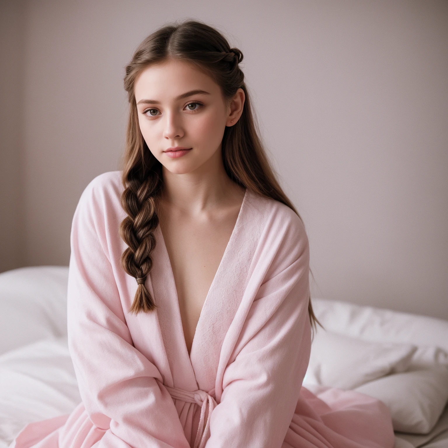 1girl,solo,portrait,photography aesthetic, long hair with a braid, fruit-patterned robe, minimalist white background, diffused lighting, pastel color palette with white and pink tones, innocent and youthful expression, staged indoor scene focusing on aesthetic beauty and softness, high-resolution,
cinematic film , realistic , shallow depth of field, vignette, highly detailed, high budget, bokeh, cinemascope, moody, epic, gorgeous, film grain, grainy, 
