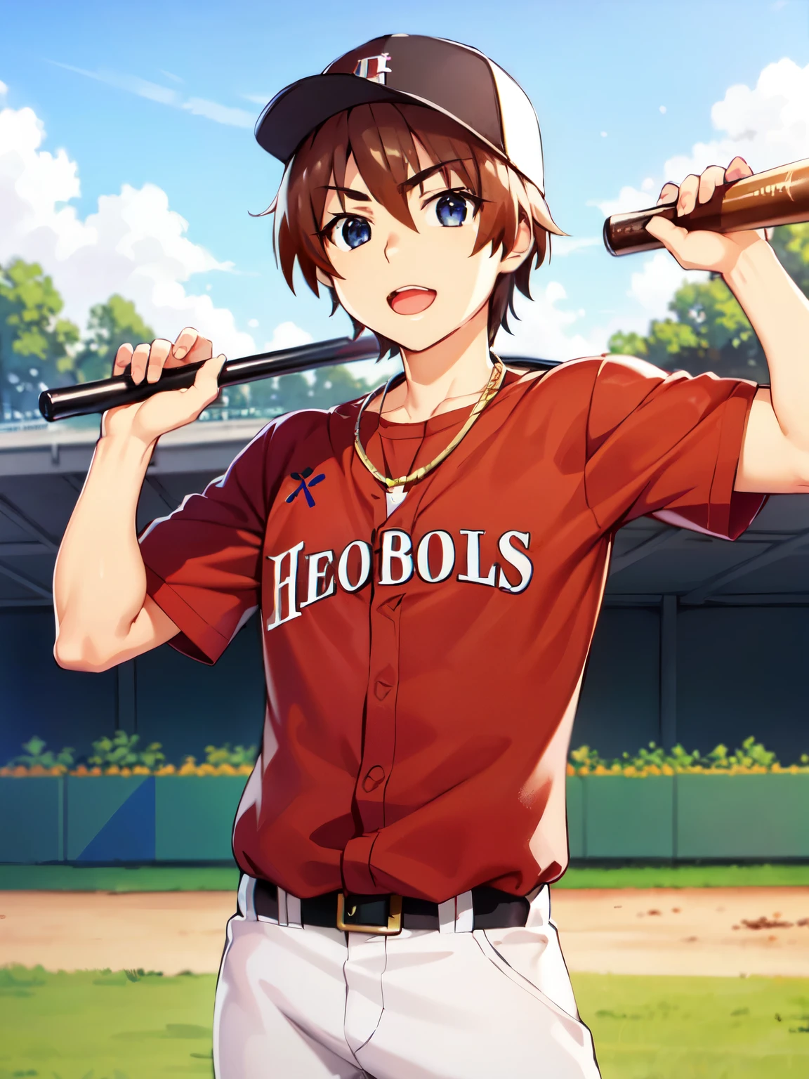 (Ultra-high resolution), (masterpiece), (Attention to detail), (high quality), (最high quality), One Man, (Keiichi_maebara), brown hair, blue eyes, Gold Necklace, Baseball hats, muscle, baseballplayer, holding baseball bat, Baseball Uniforms, Stadium, audience, blue sky, 