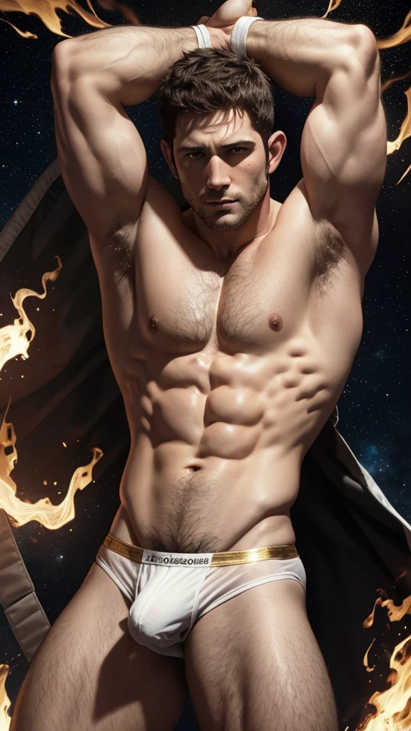 an epic detailed llustration of Chris Redfield, shirtless, cosmic atmosphere, wearing a small string white jockstrap, in a style of surrealism, both arms are above his head, hairy chest. he is wrapped in straps of gold, wearing a small string white jockstrap, with abstract fire elements, wearing a white small white jockstrap.