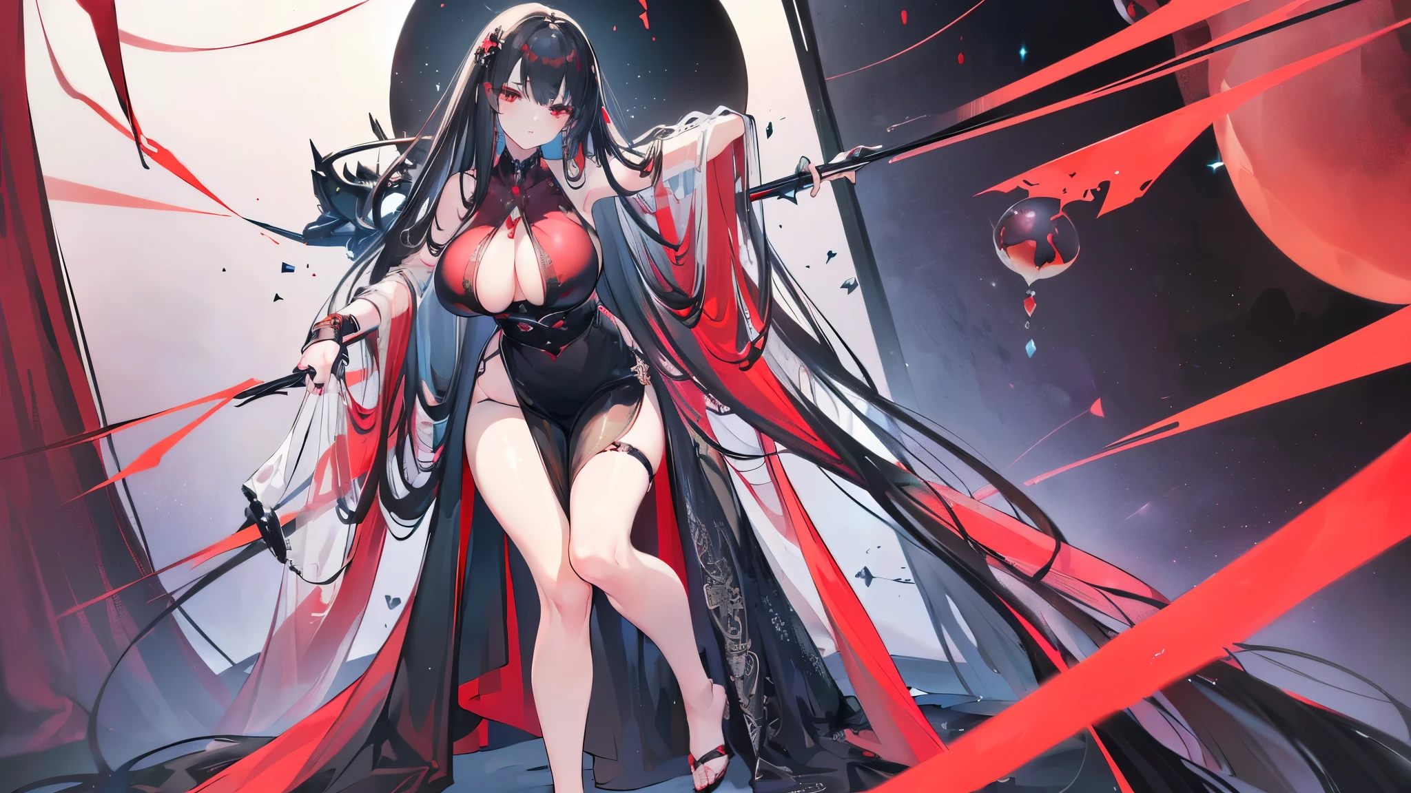 (Exquisite eyes),(Clear and beautiful eyes:1.61),masterpiece, ung girl,(Black clothes and some red gems), Black long hair, (She has a huge red gem on her chest), Good Hand,((The Havoc of StarCraft)),full-body shot,Fighting Stance,(Red Eyes:1.466),short and small,(Very big breasts:1.35),(Pretty Face),(full-body shot:1.33),Beautiful hands