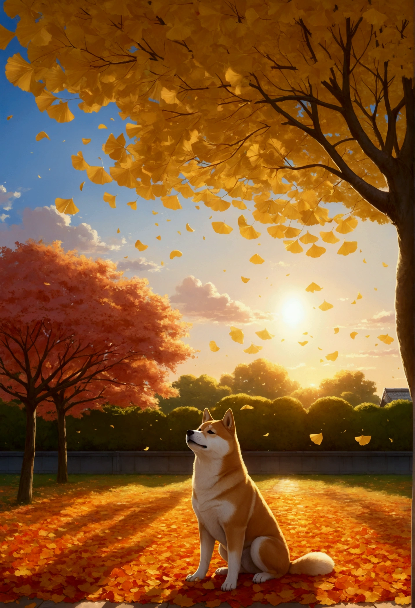 Makoto Shinkai Taste, Beautiful sunset sky, Shiba Inu puppy,Ginkgo tree in full bloom,Autumn leaves tree in full bloom,Scattered ginkgo leaves, Falling autumn leaves,Healing scenes, Wide angle、
