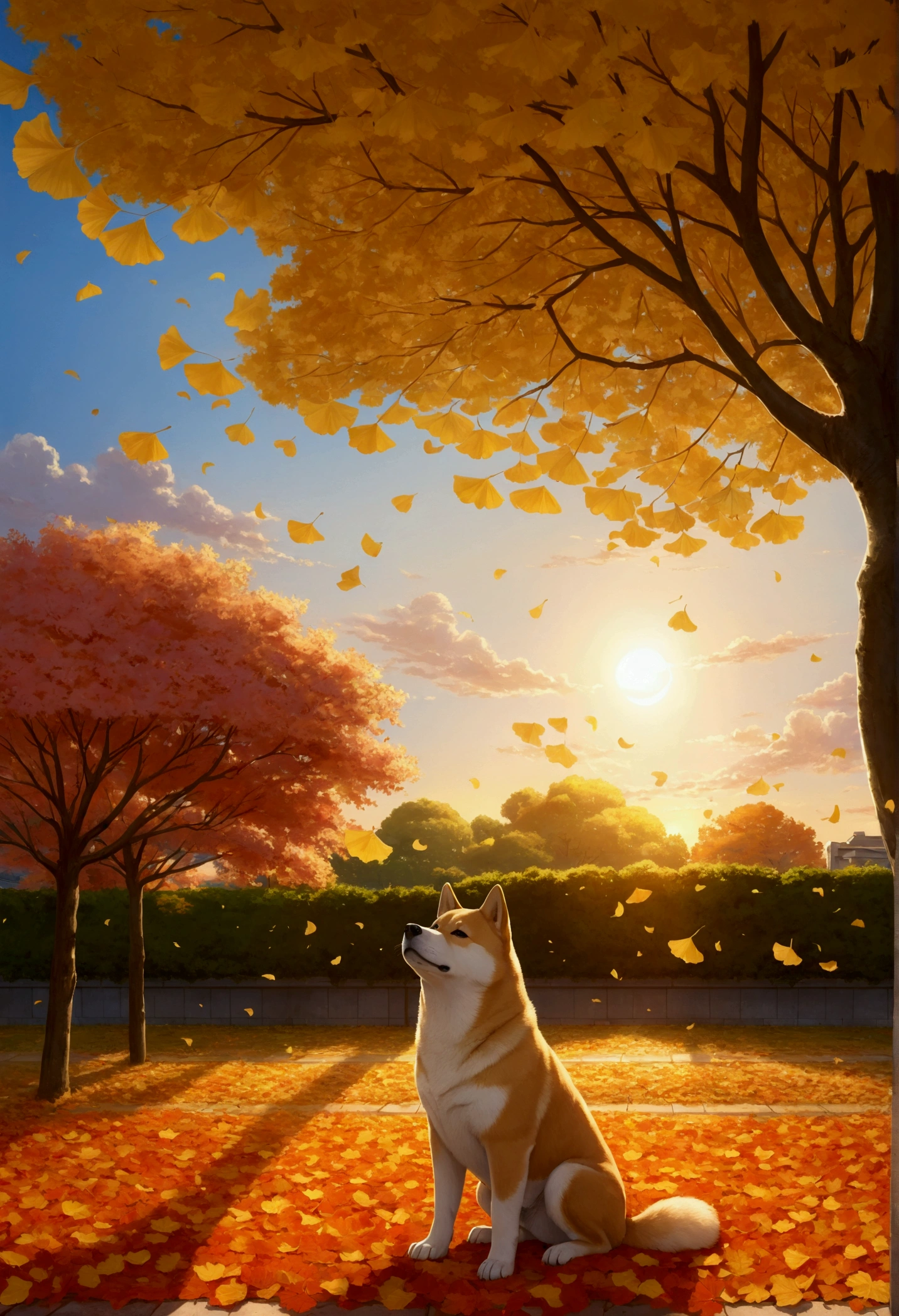 Makoto Shinkai Taste, Beautiful sunset sky, Shiba Inu puppy,Ginkgo tree in full bloom,Autumn leaves tree in full bloom,Scattered ginkgo leaves, Falling autumn leaves,Healing scenes, Wide angle、
