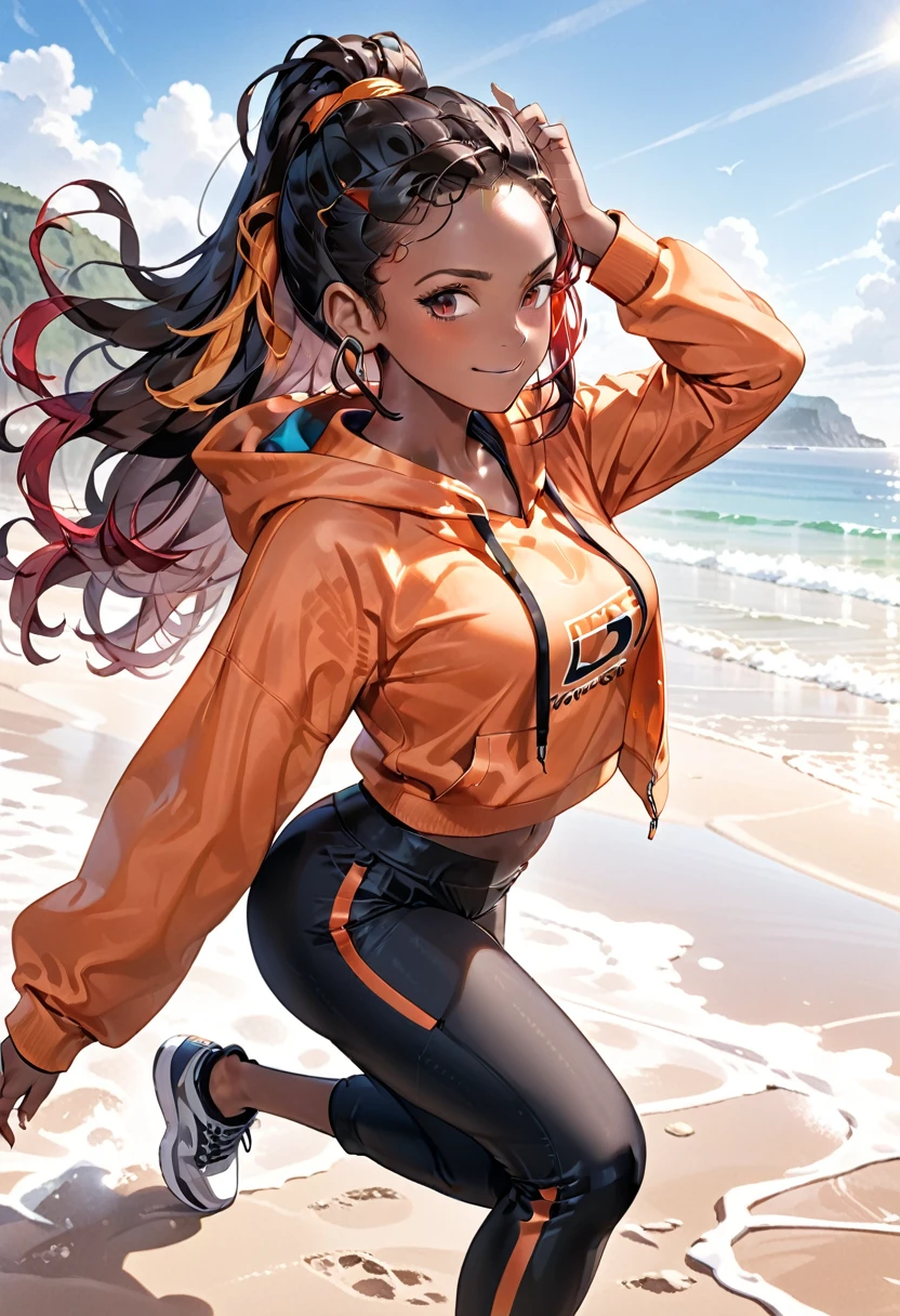 ( black woman, dreadlocks, kickboxer jogging, headphones, beautiful african-caribbean features, pale orange hoodie, gray yoga pants, sneakers), ((((Impossible beauty, screencap, Score_8_up, thickline art, hyper-detail art, anime coloring, best quality, hyper-hdr, 8k uhd, hyper absurdres, very aesthetic, side view)))),(((very dark skin, voluptuous, curvy, strong, shortstack, black hair, soft face, small wide nose, firm medium breast, curvy hips, wide hips, red and brown heterochromia eyes))), (((((Hyper-stylistic, sharp gradients, deep highlights, hyper exposure, hyper-detailed Beach front background, hyper-detailed smooth textures)))), hyper emotional, ((perfect hands, hyper perfect , perfect eyes, perfect anatomy, perfect physiques, amazing skin, hyper-detailed eyes, hyper-detailed features)), (salaciously smiling, dynamism, dynamic lighting, dynamic shading, sensual shadowing, sensual atmosphere)