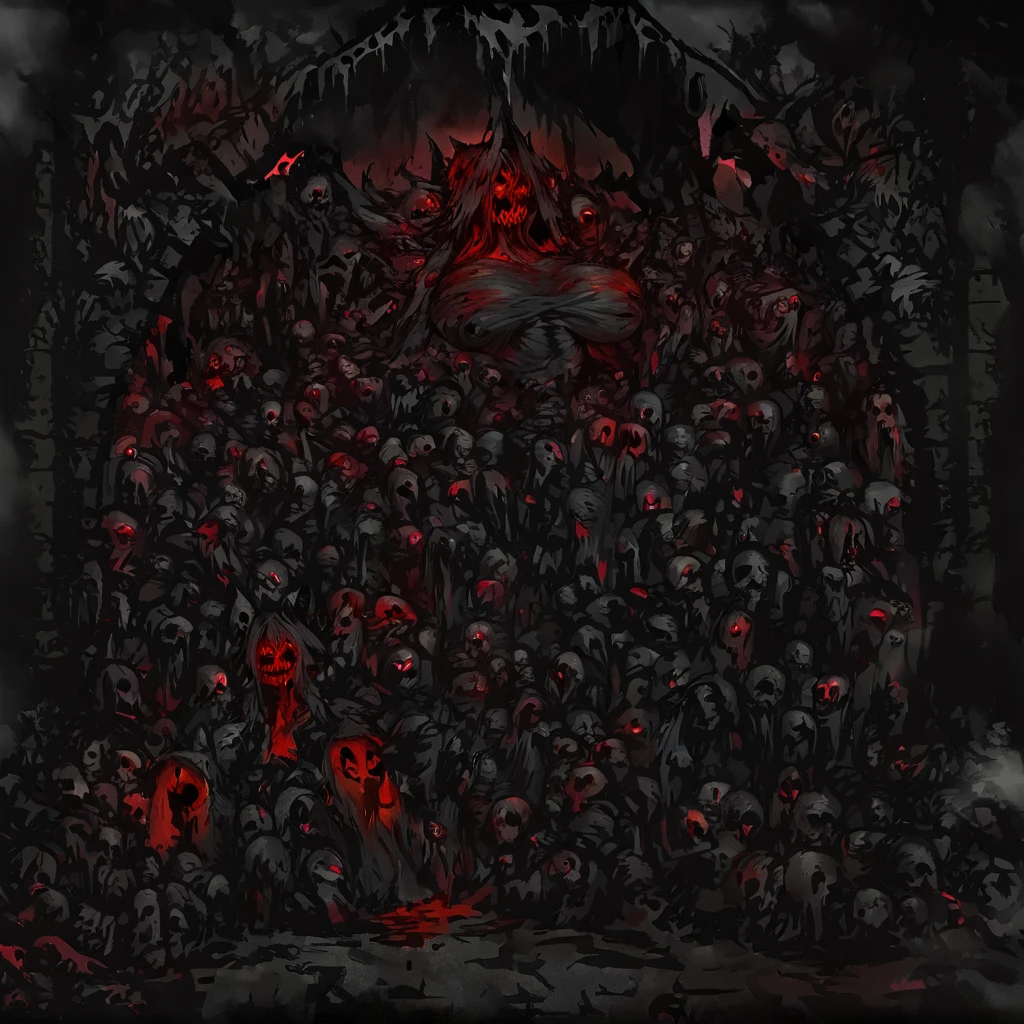 a beautiful detailed kitsune woman with long black fox ears and tails, glowing red eyes, highly detailed mature and curvy figure, large breasts, holding a towel, eating a corpse, surrounded by a burning catedral full of charred corpses, terrifying smile with glowing red eyes, body covered in dark sinister stains, (best colors,extreme detail description,professional,horror,fantasy