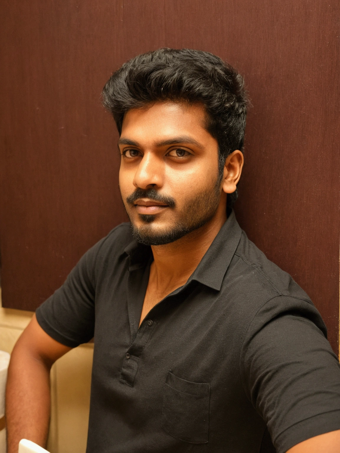 there is a man in an black shirt posing for a picture, with accurate face, portait photo profile picture, wearing an black t shirt, profile pic, ayan nag, jayison devadas, vinayak, very very low quality picture, 8k selfie photograph, with lovely look, without beard, profile picture, uploaded, vastayan, portrait mode photo