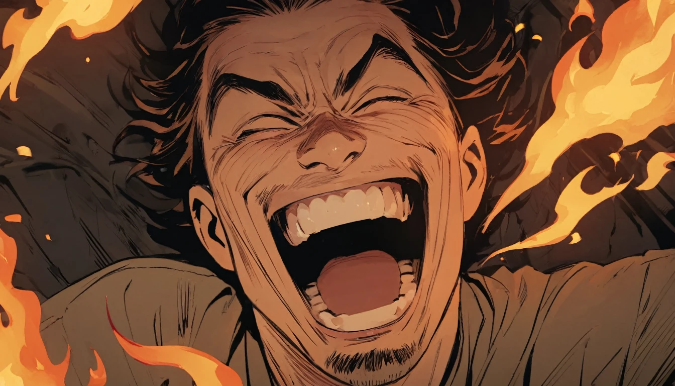 A man laughing, with a bad face, with flames around you