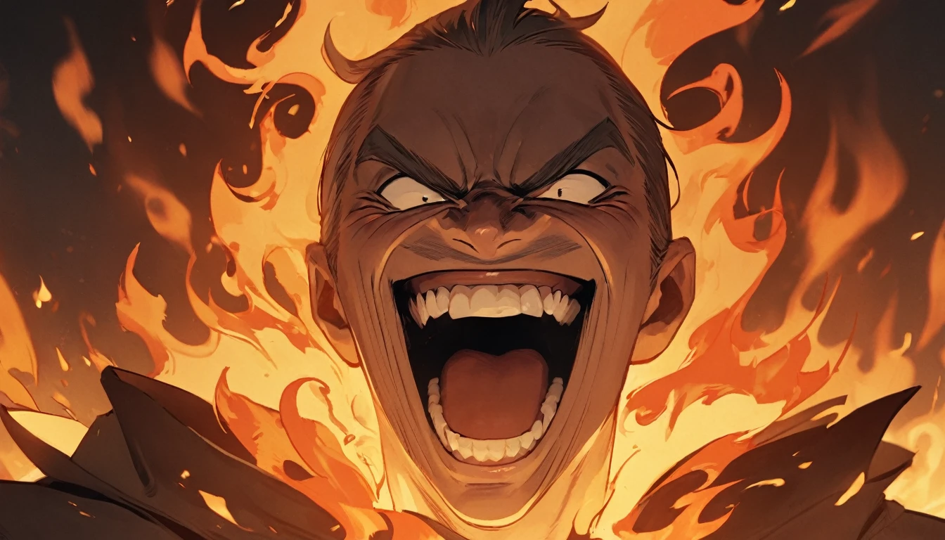 A man laughing, with a bad face, with flames around you