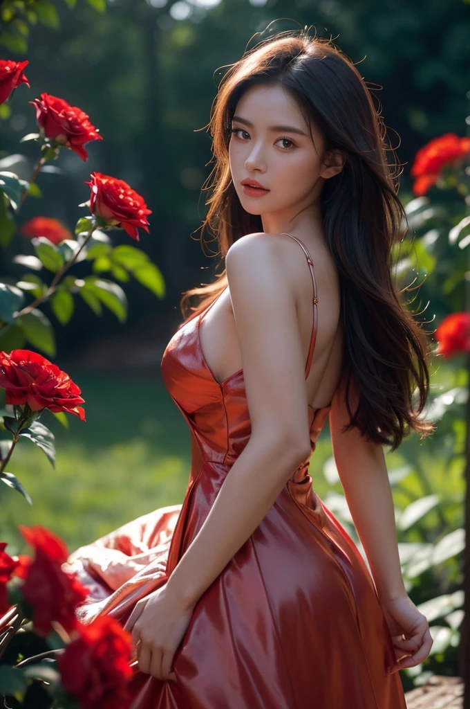 a stunningly realistic, high resolution 8K photo of a beautiful 30-year-old woman with medium long hair and a glamorous figure, (elegant dress:1.2), dramatic lighting, masterpiece, immersive atmosphere, chiaroscuro:(1.5, bright light:1.2, luminous lighting), (background blur:1.5), blurring, best quality, photorealistic, ultra-detailed, HDR, physically-based rendering, studio lighting, vivid colors, bokeh, (real skin texture:1.3), high contrast, (Fuji Color:1.5), Film grain, girl in garden, black cleavage dress, (red flowers mess in background:1.3), seductive detailed red eyes and face, dynamic lighting, in the dark, deep shadow, low key, cowboy shot, 