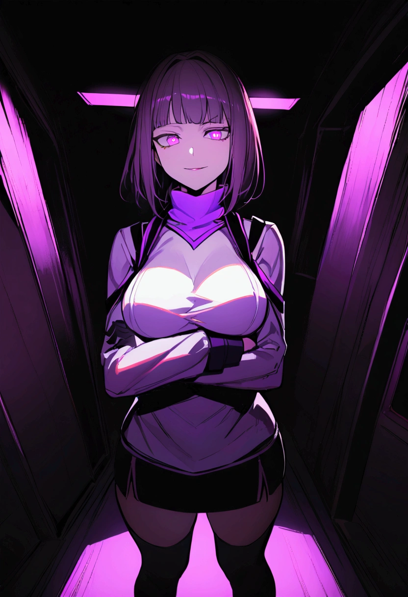 juri han, 1 girl ,standing alone,hinterland,staring overhead,tight white turtleneck sweatshirt,black socks,standing,arms crossed,room,plant,glowing purple eyes,black short skirt,black glove,large bosom,low lighting,ombre,glowing purple eyes,evil smile,bangs on the eyes
