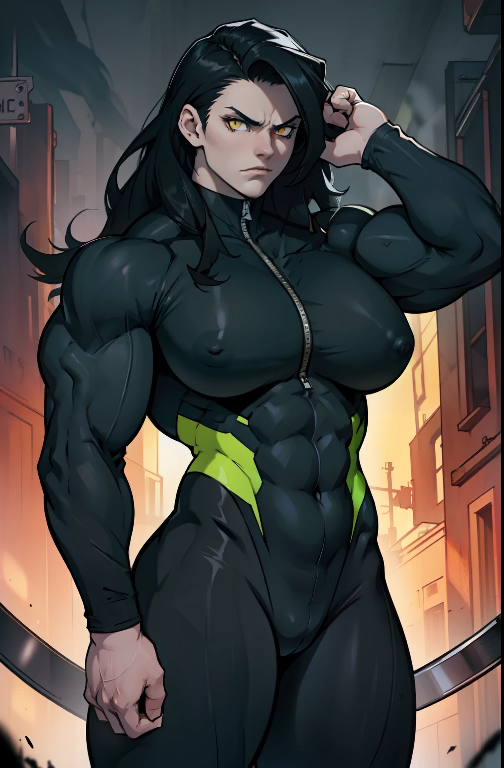 pale skin solo 1 girl black hair yellow eyes angry very long hair dark atmosphere (huge breasts bodybuilder toned body muscular) skinsuit