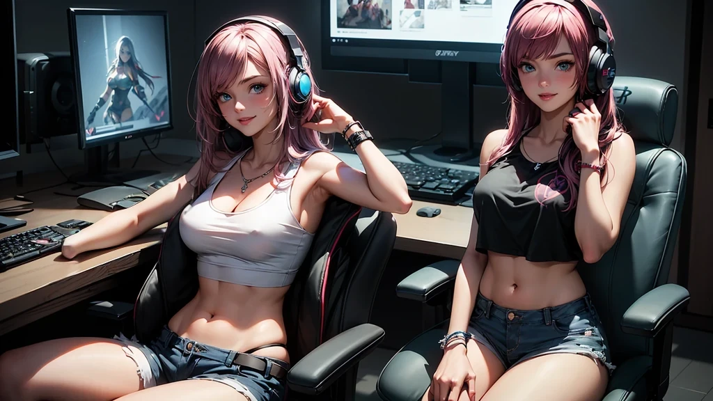 Render a top-quality image of two 18-year-old girls. The first girl has a heart tattoo on her right shoulder, long purple hair, and blue eyes. She is wearing a black navel crop top and jean shorts, highlighting her slender figure and best bust of 85. She is sitting in a gaming chair, slouched with a smile, holding a gaming controller. The second girl, her girlfriend, has long pink hair and green eyes. She is wearing a white tank top and denim shorts, showing off her fit and curvy figure. She is standing behind the gaming chair, leaning in with a smile, holding a second controller. Both girls are adorned with chain accessories, black wristbands, and gaming headphones. The background features a neon-colored room with a gaming PC, gaming desk, gaming chair, and gaming bed, complete with a gaming console. The image should exhibit high-quality visual artistry, with intricate details and a warm, inviting atmosphere.