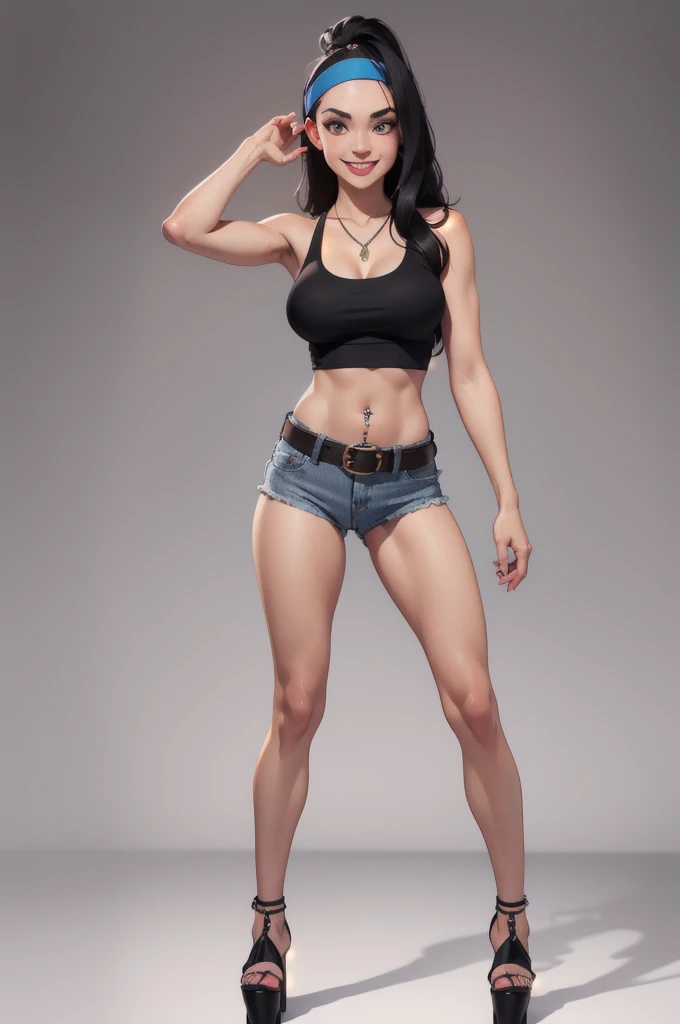 hayley smith, 1girl, black hair, long hair, solo, necklace, jewelry, tank top, headband, midriff, panties, platform high heels, belt, navel piercing,looking at viewer, smile, cowboy shot, fullbody, hippie, underboobs 