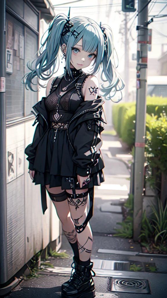 hair adornments、piercings、tattoo、goth_punk, 1girl in, solo,、top-quality, Photorealistic, An ultra-fine illustrations, beautiful attractive anime girl, miku hatsune, Slender body, Tied hair, one girls, a photo of girl, Full body shot, Beautiful blue eyes, Turned,耳Nipple Ring、hair adornments、jewely、miku hatsune、