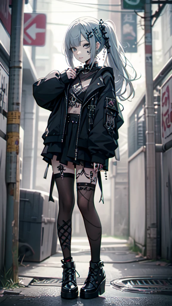 hair adornments、piercings、tattoo、goth_punk, 1girl in, solo,、top-quality, Photorealistic, An ultra-fine illustrations, beautiful attractive anime girl, miku hatsune, Slender body, Tied hair, one girls, a photo of girl, Full body shot, Beautiful blue eyes, Turned,耳Nipple Ring、hair adornments、jewely、miku hatsune、
