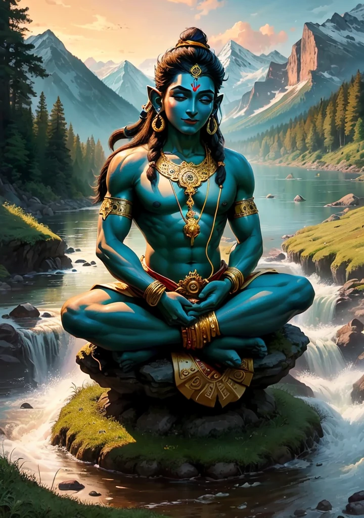 ((best quality)), ((masterpiece)), (detailed), lord shiva sitting at the top giving blessings upon the land, lush grass with flowing river beautiful, lord hanuman sitting at the bottom giving blessings with gord. Realistic, life like , amazing , sun rise , with mountains and lush forest in the background, shiva is sitting cross legged.