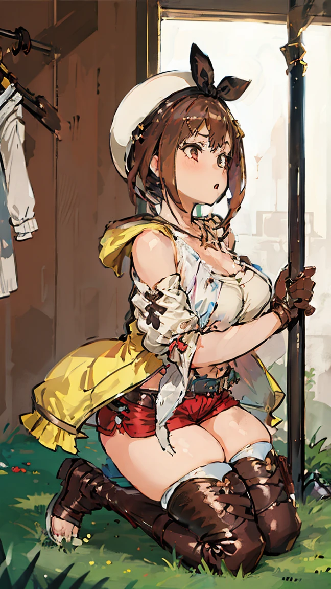 (Highest quality, 8K, masterpiece :1.3),Lizaリン・シュタウト(Lizaのアトリエ),Liza, One woman,Large Breasts,short hair,Brown Hair,hair band,Clothing,hat,White shirt,White camisole,Red shorts,Brown long boots,Blowjob,nsfw,Plump body,Thighs