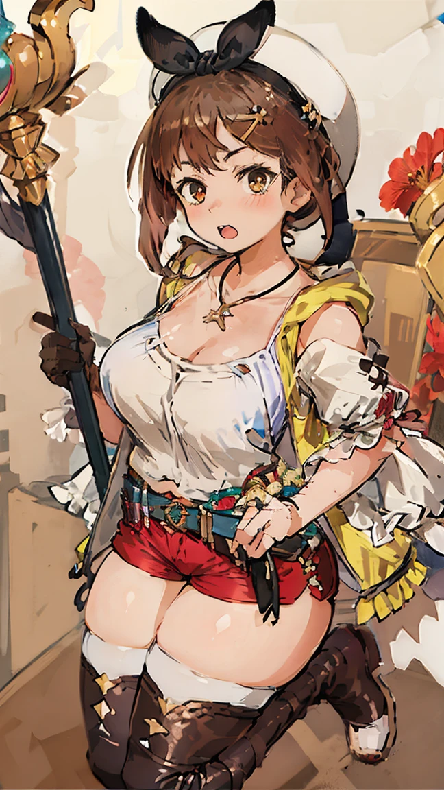 (Highest quality, 8K, masterpiece :1.3),Lizaリン・シュタウト(Lizaのアトリエ),Liza, One woman,Large Breasts,short hair,Brown Hair,hair band,Clothing,hat,White shirt,White camisole,Red shorts,Brown long boots,Blowjob,nsfw,Plump body,Thighs