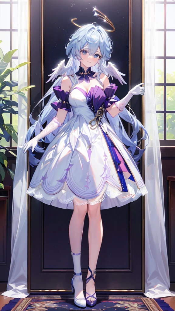 (masterpiece, top quality, best quality, official art, beautiful and aesthetic:1.2),(8k, best quality, masterpiece:1.2), (((masterpiece))),(((best quality))),(((extremely detailed))),illustration,who, (masterpiece, top quality, best quality, official art, beautiful and aesthetic:1.2),(8k, best quality, masterpiece:1.2), masterpiece, best quality, (beautiful detailed eyes),(1girl), solo,(depth of field),(solo focus),8K,HDR,(ultra high res),(highres),(Exquisite visuals),(perfect lighting),(narrow waist),(Beautiful long legs),(full body),(lens flare),(smiles),blush,(nice hands),(perfect hands),(arm support),((absurdres)),robin_(honkai:_star_rail), (head wings),ahoge,halo,(wedding dress), (white dress),(y short sleeves),(frilled dress),(white shirt),(skirt), ((white gloves),(lace-trimmed gloves)),(elbow gloves), necklace,jewelry,(white legwear),(white footwear),(high heels), indoors,standing,room, window, curtains, carpet,veil,(holding bouquet)