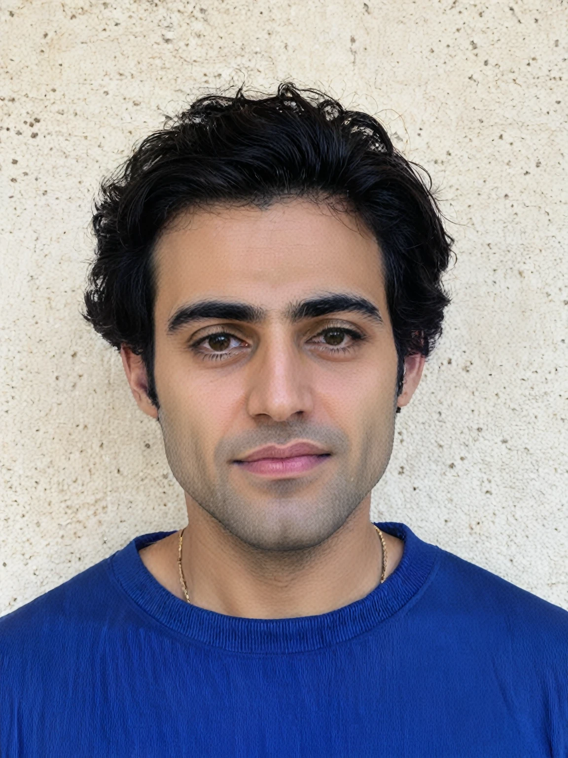 arafed man with a blue shirt and a necklace on his neck, headshot profile picture, reza afshar, nekro petros afshar, sayem reza, farid ghanbari, headshot photo, professional profile picture, riyahd cassiem, vastayan, headshot portrait, taken in the early 2020s, halfbody headshot