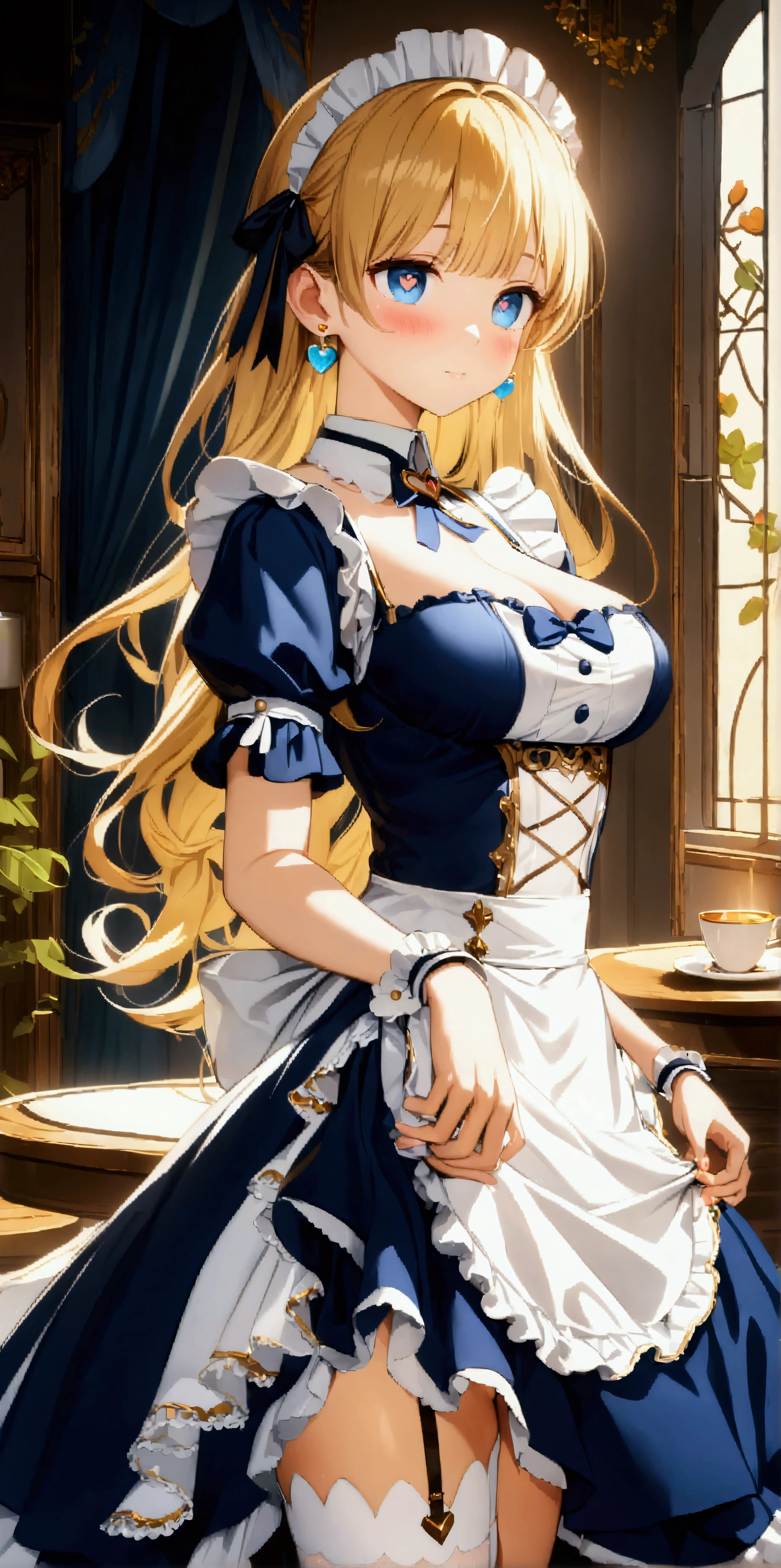 ((32k)), ((best quality)), ((ultra high res)), ((HDR)), ((UHD)), ((extremely detailed CG)), ((unity 32k wallpaper)), anime style, (16 years old), (ideal ratio body proportions), very long hair, blush, heart shaped eyes, heart shaped pupils, bangs, thighhighs, bow, jewelry, medium breasts, cleavage, curvy, maid uniform, mini skirt, (golden hair), (blue eyes), short sleeves, earrings, frills, white thighhighs, bowtie, cup, puffy short sleeves, wrist cuffs, thigh strap, detached collar, side-tie bikini bottom, thigh gap, table, single thighhigh, (bedroom), (upper body), from front,