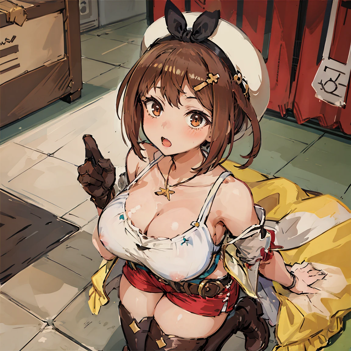(Highest quality, 8K, masterpiece :1.3),Lizaリン・シュタウト(Lizaのアトリエ),Liza, One woman,Large Breasts,short hair,Brown Hair,hair band,Clothing,hat,White shirt,White camisole,Red shorts,Brown long boots,Blowjob,nsfw,Plump body,Thighs