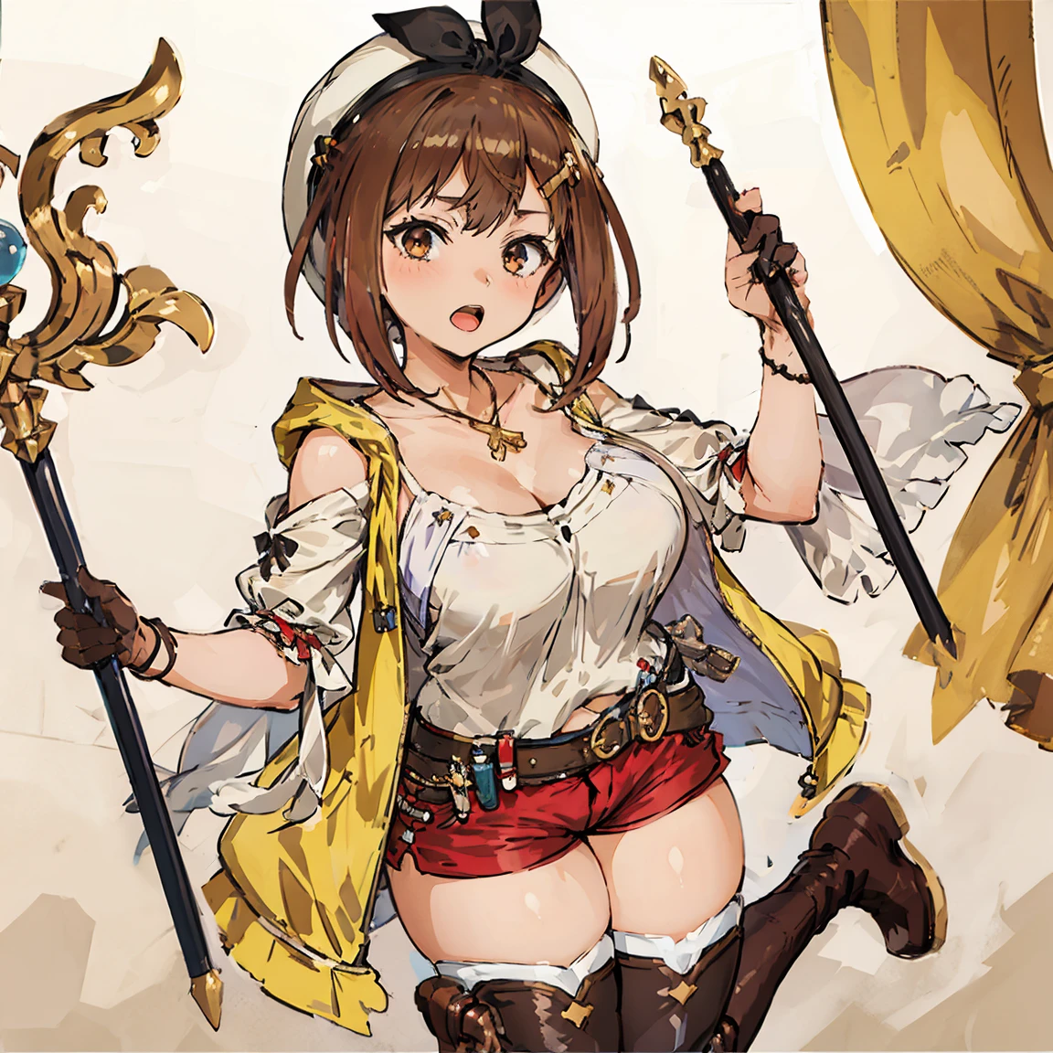 (Highest quality, 8K, masterpiece :1.3),Lizaリン・シュタウト(Lizaのアトリエ),Liza, One woman,Large Breasts,short hair,Brown Hair,hair band,Clothing,hat,White shirt,White camisole,Red shorts,Brown long boots,???????,nsfw,Plump body,Thighs
