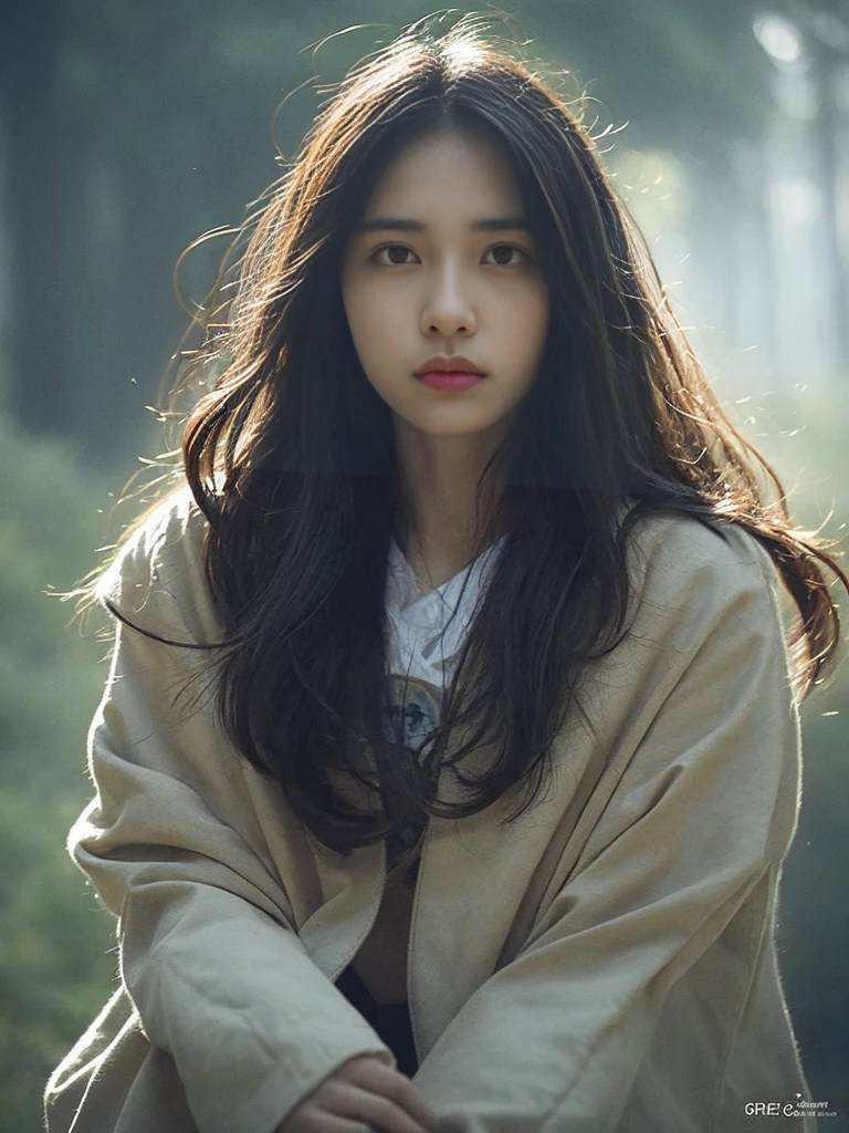 Portrait of A confident-looking Indian woman with long flowing hair, hazel eyes, with flowing capes, sitting in the park, with perfect composition, hyperrealistic, super detailed, 8k, high quality, trending art, trending on artstation, sharp focus, studio photo, intricate details, highly detailed, art by greg rutkowski