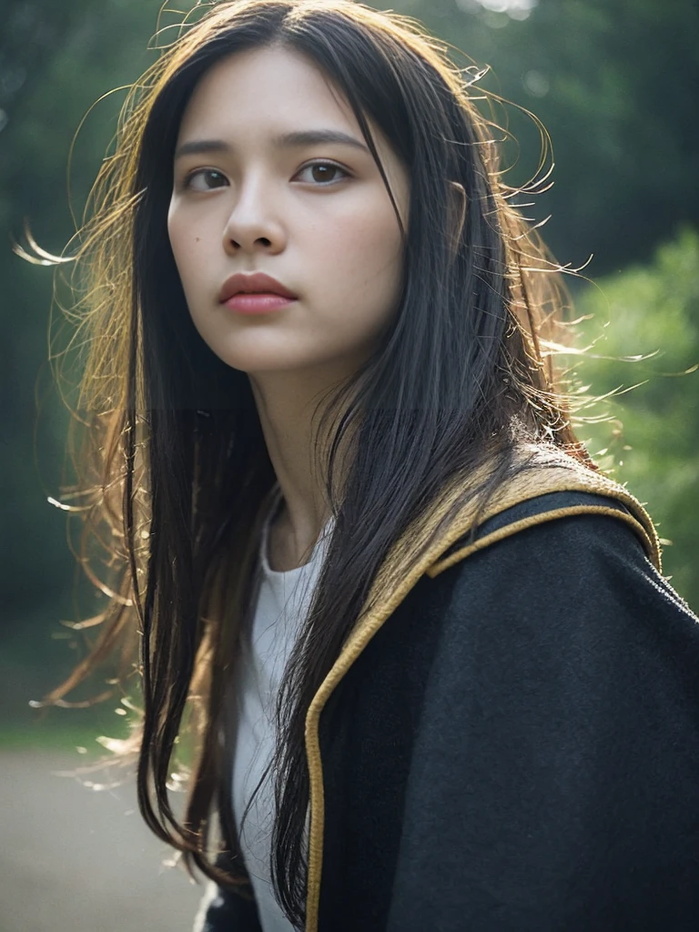 Portrait of A confident-looking Indian woman with long flowing hair, hazel eyes, with flowing capes, sitting in the park, with perfect composition, hyperrealistic, super detailed, 8k, high quality, trending art, trending on artstation, sharp focus, studio photo, intricate details, highly detailed, art by greg rutkowski