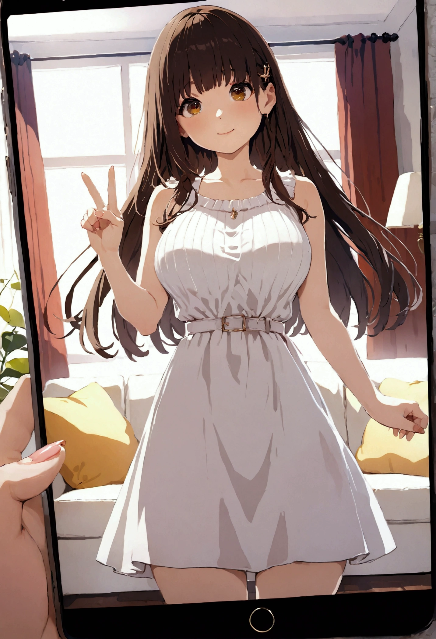 ((1girl)),  super fine illustration, vibrant colors, absurdres extremely detailed CG, 8k wallpaper, (masterpiece:1.3), dynamic angle, dynamic pose, 
best quality, depth of field, cinematic lighting, ultra detailed, brown long hair, very straight hair, large breast, white knit dress , 20yo, cute, very , brown eyes, kawaii, smile, droopy eyes, arms at sides, smartphone, modern living room, peace fingers, smartphone, The smartphone screen is facing you