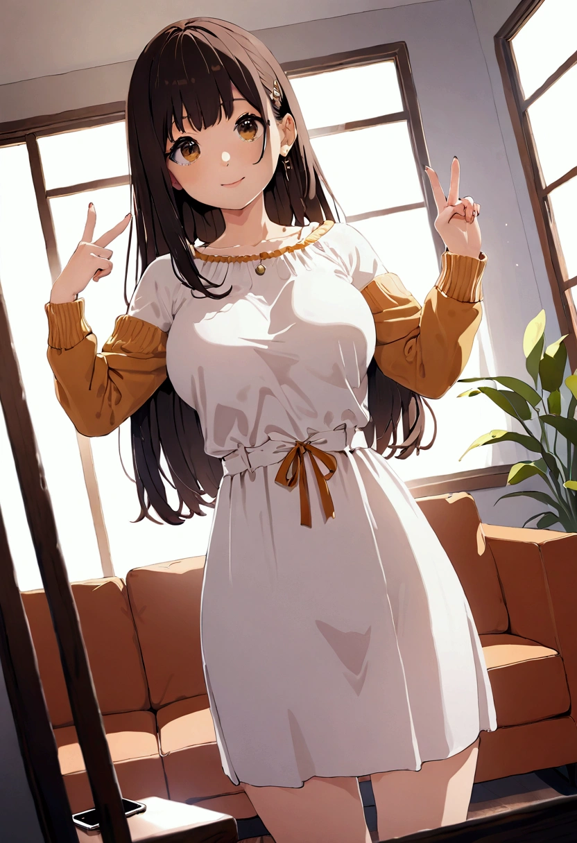 ((1girl)),  super fine illustration, vibrant colors, absurdres extremely detailed CG, 8k wallpaper, (masterpiece:1.3), dynamic angle, dynamic pose, 
best quality, depth of field, cinematic lighting, ultra detailed, brown long hair, very straight hair, large breast, white knit dress , 20yo, cute, very , brown eyes, kawaii, smile, droopy eyes, arms at sides, smartphone, modern living room, peace fingers, smartphone, The smartphone screen is facing you