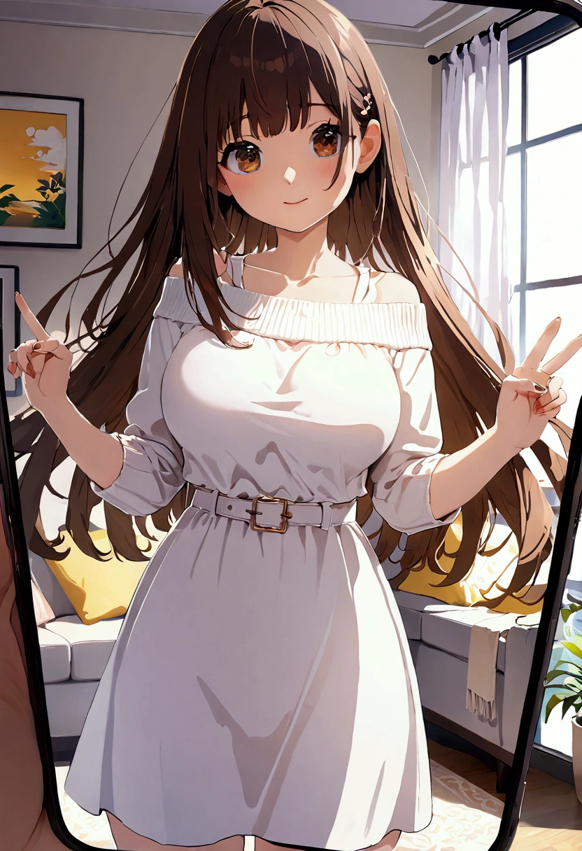 ((1girl)),  super fine illustration, vibrant colors, absurdres extremely detailed CG, 8k wallpaper, (masterpiece:1.3), dynamic angle, dynamic pose, 
best quality, depth of field, cinematic lighting, ultra detailed, brown long hair, very straight hair, large breast, white knit dress , 20yo, cute, very baby face, brown eyes, kawaii, smile, droopy eyes, arms at sides, smartphone, modern living room, peace fingers, smartphone, The smartphone screen is facing you