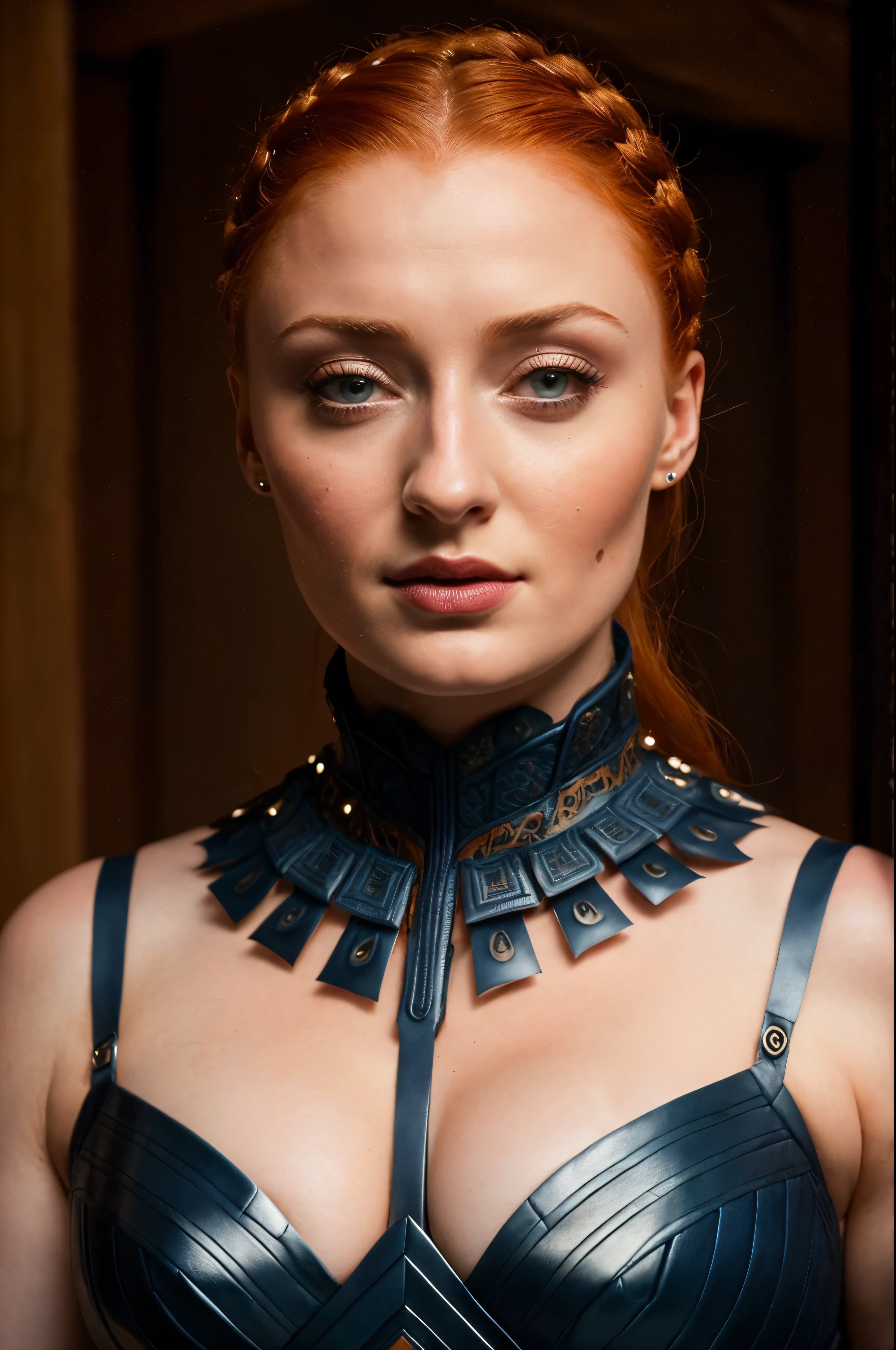 Face of Sophie Turner, Sansa Stark played by Sophie Turner, the de facto Lady of the Eyrie, is a 40-year-old mature queen with a stunning, alluring appearance. Full Face, Full figured woman, pierced eyes, reddish lips, upper body shot, erotic Mediaeval costumes, game of thrones costumes, She wears a Game of Thrones-inspired costume and has a deep cleavage, a perfect thick body, and a perfect thick figure. The photograph captures her in a close-up, with her skin texture and facial features being ultra-realistic and realistic. Juicy thick figure, high quality skin, Skin pores, amazing details, snow, snow flakes, semi realistic, extremely detailed eyes, dark moody orange and black settings, cool environment, artificial intelligence