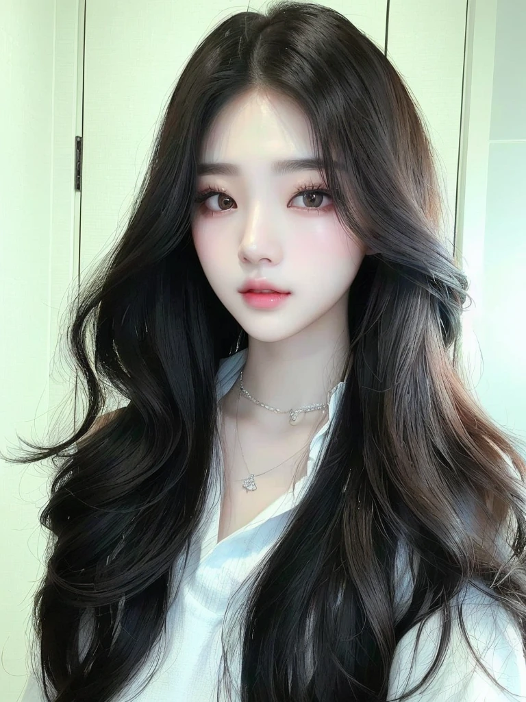 a close up of a woman with long hair wearing a white shirt, ulzzang, with long hair, korean girl, beautiful south korean woman, wan adorable korean face, popular south korean makeup, young adorable korean face, asian girl with long hair, jinyoung shin, gorgeous young korean woman, large eyes and flowing long hair, popular korean makeup