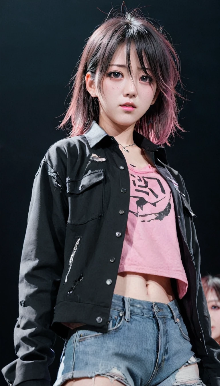 masterpiece, best quality, 1girl, upperbody, jirou, detailed eyes, pink shirt, black jacket, torn clothes, concert, without any clothes (stage)