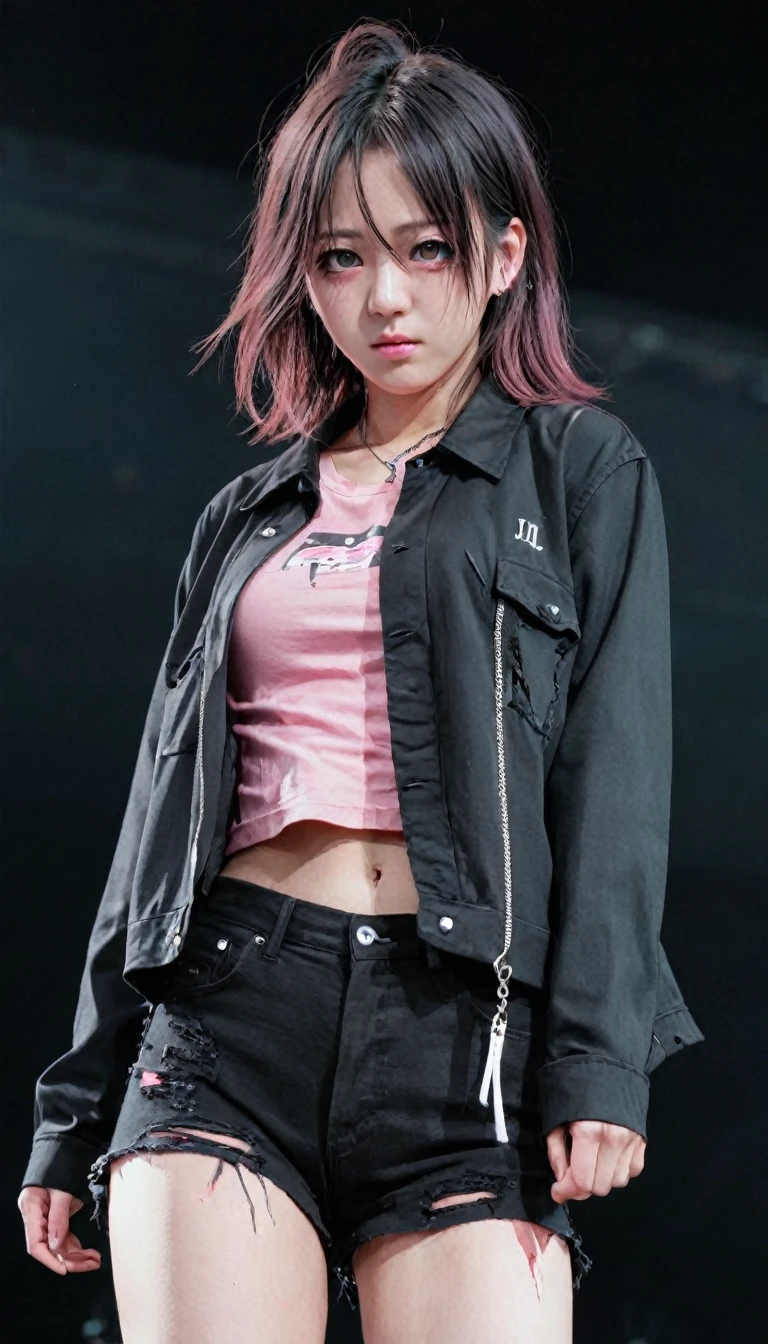 masterpiece, best quality, 1girl, upperbody, jirou, detailed eyes, pink shirt, black jacket, torn clothes, concert, without any clothes (stage)