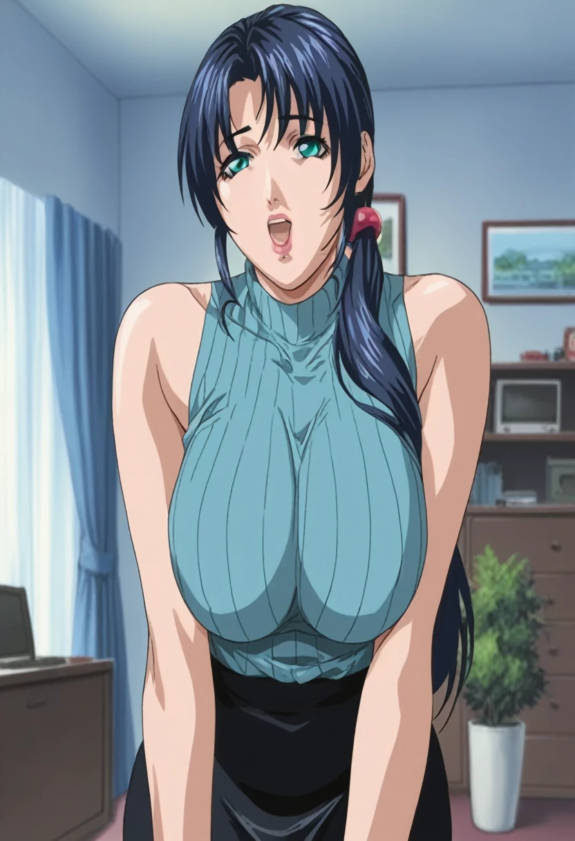 score_9, score_8_up, source_anime Bibl3, milf, busty milf, mature woman, dark blue hair, long hair, low ponytail, straight bangs, huge breasts, bouncy breasts, wide hips, full lips, vivid lips, aqua eyes, empty eyes, hypnotized, mesmerized, starring at viewer, open mouth, ribbed sweater, sleeveless, pencil skirt, apartment, living room, blurred background, altered perception