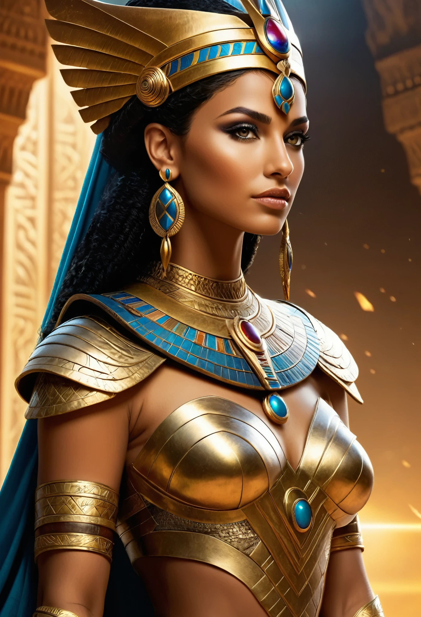 ethereal fantasy concept art,  tribal style Concept art, portrait of a Egyptian Queen, Mesopotamian female, powerful ruler queen, penetrating gaze, warrior king, ruler of the world, classic antiquity, highly detailed skin with visible pores, masterpiece, 8k, hdr, all colors, highly detailed . magnificent, celestial, ethereal, epic, majestic, magical, fantasy art, cover art, dreamy, fantasy, cinematic, inspired by Marvel universe, inspired by DC Universe 