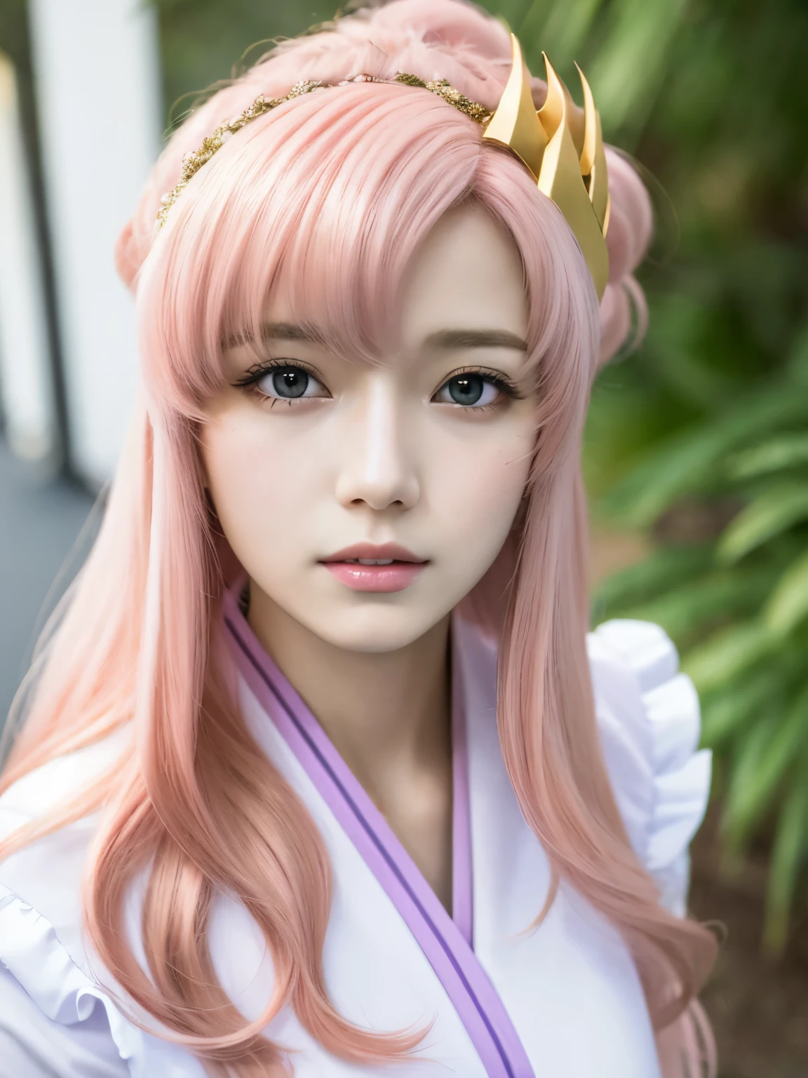 (Highest quality, 16K, masterpiece:1.55), Ultra detailed face, Detailed lips, Detailed eyes, double eyelid,
BREAK smile, upper body, (Seductive pose:1.6), (high angle shot, dutch angle, dynamic angle),
BREAK 1girl, 20 years old, (large Breasts:1.2), Svelte Body, (big hips:1.2),
BREAK lacus clyne, (purple eyes:1.1), hair ornament, long hair, wave hair ornament, (light pink hair:1.2),
BREAK (((Golden hair ornament))),
BREAK (white and pink and purple shrine maiden clothes),
BREAK outdoor, road,, shrinebackground,