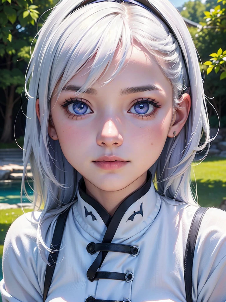 Photo of a cute 15 year old girl with white hair and violet eyes She wears a traditional Chinese dress, light blue in color, with white details, She is in an outdoor setting on a mountain, with a big bright sun behind her, (best quality,4k,8k,highres,masterpiece:1.2),ultra-detailed,(realistic,photorealistic,photo-realistic:1.37),portrait,concept art,dramatic lighting,vivid colors,intricate details, (Avoid deformed and poorly drawn eyes)