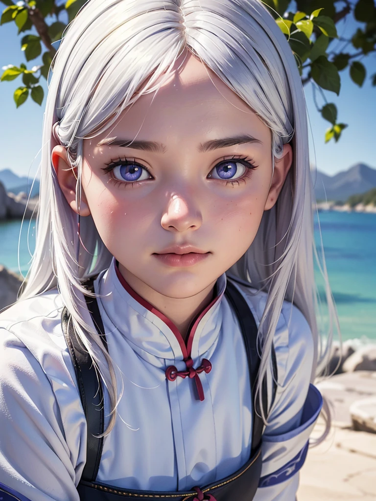 Photo of a cute 15 year old girl with white hair and violet eyes She wears a traditional Chinese dress, light blue in color, with white details, She is in an outdoor setting on a mountain, with a big bright sun behind her, (best quality,4k,8k,highres,masterpiece:1.2),ultra-detailed,(realistic,photorealistic,photo-realistic:1.37),portrait,concept art,dramatic lighting,vivid colors,intricate details, (Avoid deformed and poorly drawn eyes)