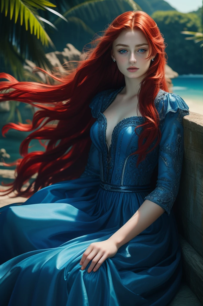 16 year old Sophie Turner, ultra detailed face, ultra detailed blue eyes, long red hair, (dress, long skirt), tropical water, (((masterpiece)))