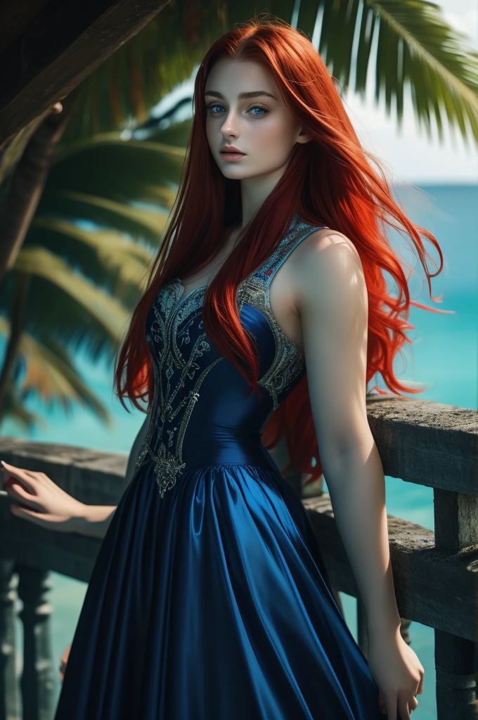 16 year old Sophie Turner, ultra detailed face, ultra detailed blue eyes, long red hair, (dress, long skirt), tropical water, (((masterpiece)))
