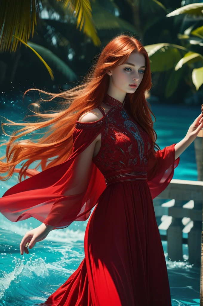 16 year old Sophie Turner, ultra detailed face, ultra detailed blue eyes, long red hair, (dress, long skirt), tropical water, (((masterpiece)))