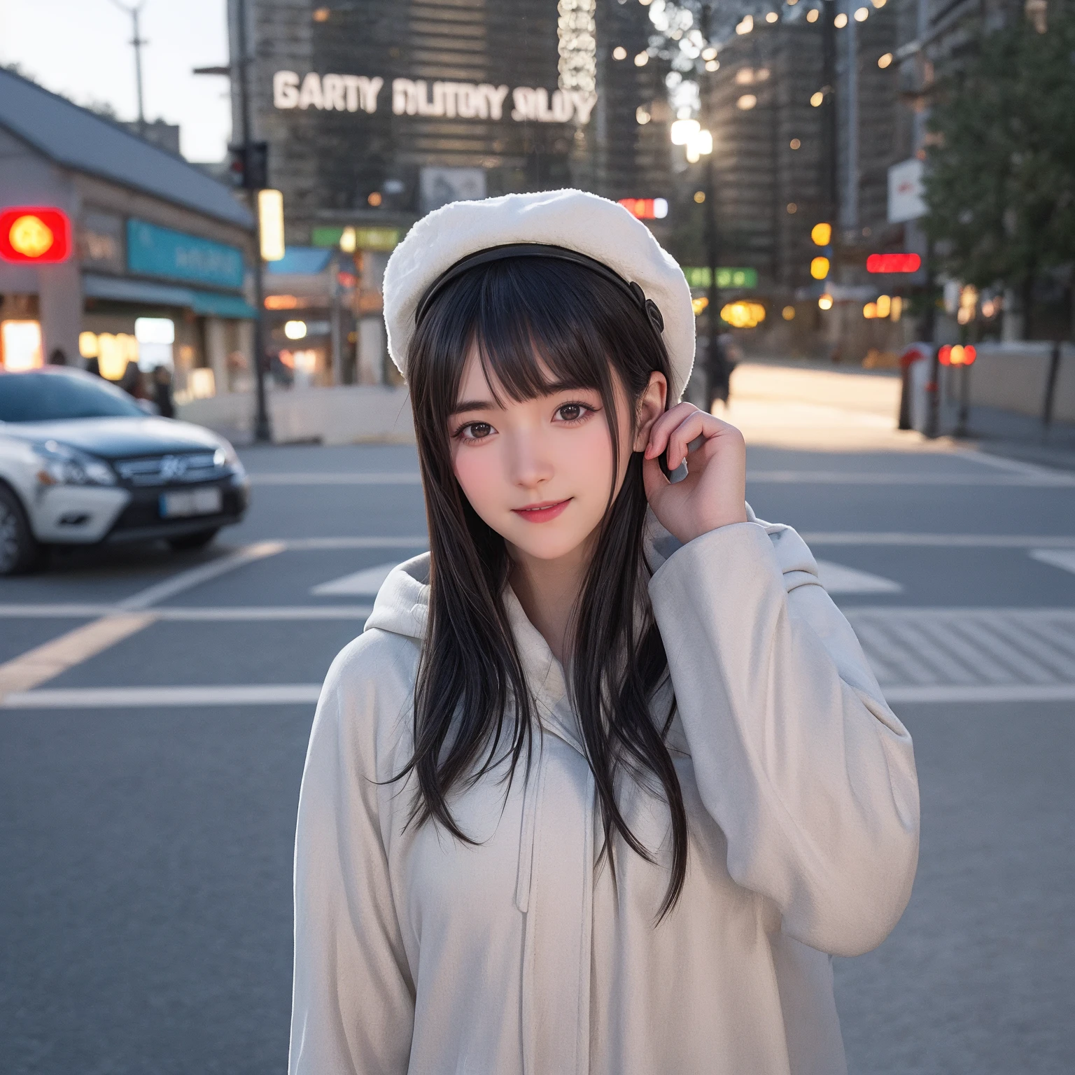 1girl, solo, looking at viewer, smile, brown hair, hat, hair between eyes, brown eyes, closed mouth, upper body, outdoors, day, medium hair, lips, coat, ground vehicle, building, motor vehicle, realistic, winter clothes, car, road, street, photo background, real world location,
cinematic film , realistic , shallow depth of field, vignette, highly detailed, high budget, bokeh, cinemascope, moody, epic, gorgeous, film grain, grainy,