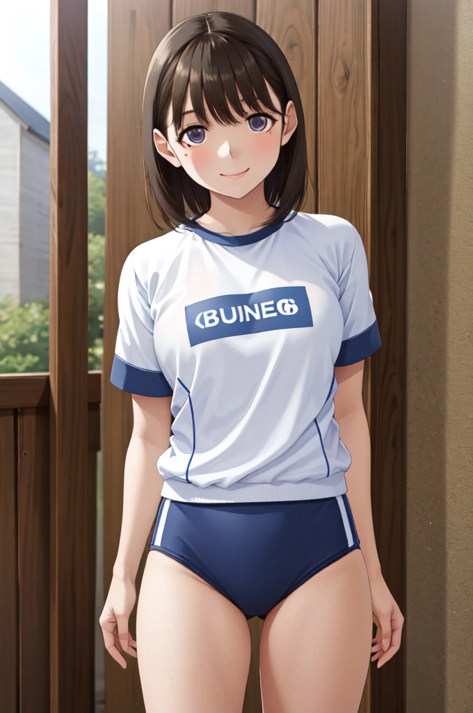 masterpiece, best quality, highres, aanene, short hair, buruma,gym uniform, standing, cowboy shot, outdoors, smile,hentai,