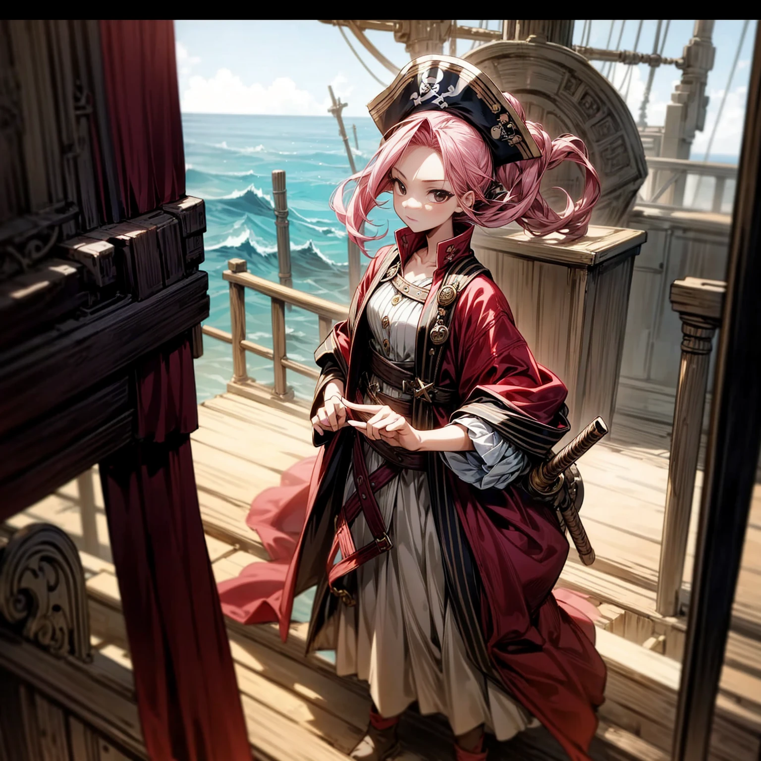 1girl, Full body version, 1character, girl version, black eyes, long Curly haircut, pink colour hair, ancient pirate style clothing, red colour clothing, Grassroots, background in the ship, motion blur, (Hunter x Hunter style), standing gesture, pirate hat,