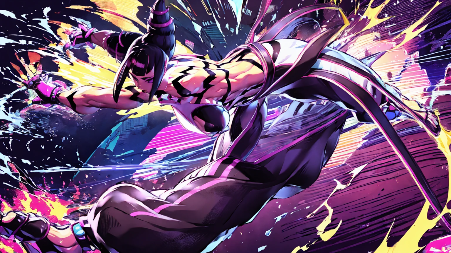 Juri Han from the game Street Fighter in a highly detailed and expressive digital illustration, Juri is in a dynamic and powerful pose, black hair in its iconic style with two pointy chongas, purple eyes with a piercing and confident look, She is wearing her classic combat outfit which consists of a tight top and baggy pants with purple and black accents., His posture is aggressive and athletic, highlighting his agility and strength, the background is a nighttime urban scene with neon lights, adding a modern and vibrant touch to the scene, the lighting is dramatic with striking shadows that highlight the muscular contours of your body,